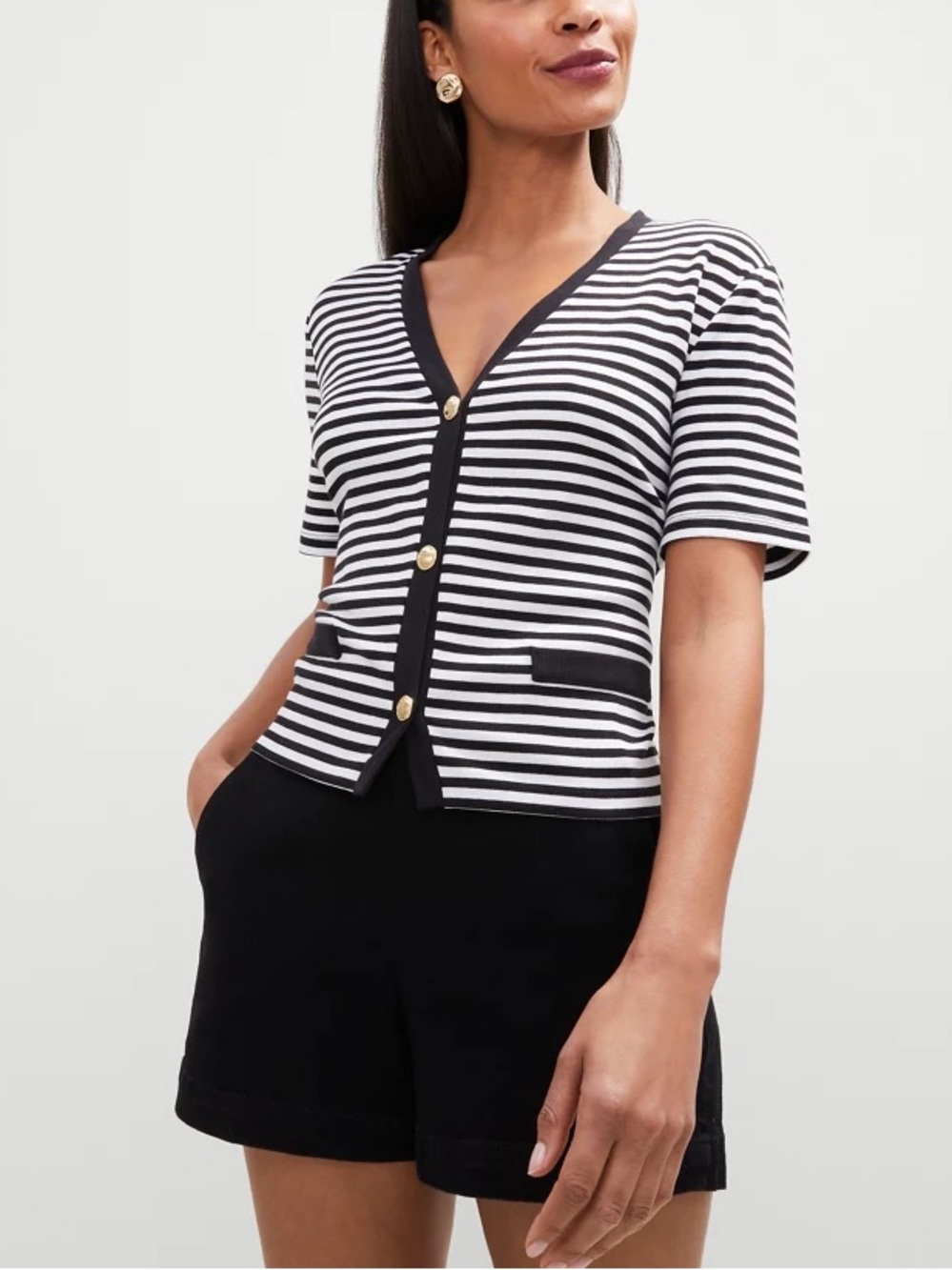 NWT Ann Taylor Striped Short Sleeve Cardigan Black White Large New Nautical